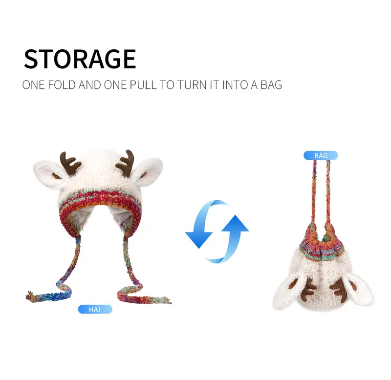 Product Introduction of Original design Festive Christmas Antler Hat (It can be used，A hat has multiple uses.)Knitted Ear Protection Windproof Warm Hat Suitable for the family It can be worn by adults , without limiting the circumference of the head，for Thanksgiving & Christmas。 12
