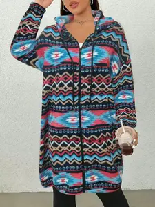 Autumn Winter Hooded Long Coat, Fashionable and Warm, Geometric Pattern, Fitted Style, Casual Wear, Women's Outerwear, Womenswear