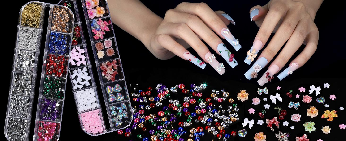 4 Boxes Nail Charms and Gems Set, Nail Rhinestones Nail Kit with Nail Art Brushes Nail Stand, Nail Gems Nail Design Tools with 15pcs Nail Stickers, Gold Nail Pearls for Women Nail Decorations