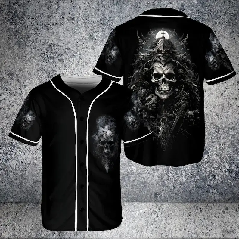 Unisex Gothic Grim Reaper Skull Baseball Jersey, Black White Button Up Short Sleeve Shirt, Oversized Dark Streetwear