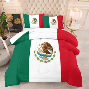 Mexican Flag Pattern Decorative Bedding Set, Includes 1 Quilt and 1 or 2 Pillowcases Without Pillows, Soft Bedroom Decor Gift for Kids and Adults