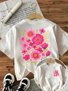 Floral Plant Print T-Shirt, French Fresh Style Casual Short Sleeve Top, Fitted Graphic Tee for Women, Summer Fashion