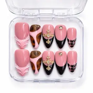 Sugarcoat Nails Luxury Handcrafted Colorful Gel Press-On Nails with 3D Art | Reusable & Sturdy, Glue Included - Black & Pink Cross, Almond & Square