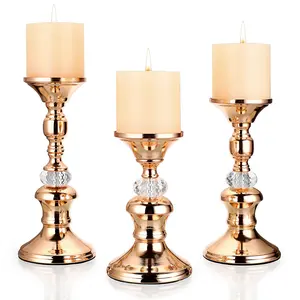 Rose Gold Pillar Candle Holders Set of 3 - Elegant Metal Crystal Candlestick Holders for Table Centerpiece, 5.9"/7.5"/8.3" Height Candle Stands for Wedding Reception, Party, Modern Home Decor
