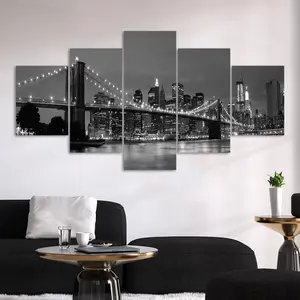 Urban Night View Bridge Pattern Canvas Unframed Painting, 5 Counts/set Modern Art Poster, Wall Art Decor for Home Living Room Bedroom Office, Ornaments, Modern Home Decoration