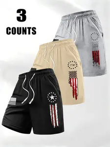 Men's Summer Casual Shorts Set of 3, Fashionable Broken Flag Print, Lightweight Breathable Fabric, Essential Sunny Beach Vacation Shorts