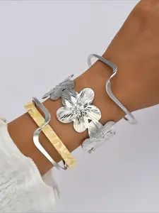 3-Piece Women's Bracelet Set - Vintage Elegant Light Luxury Quiet Luxury Statement Bracelets, Floral Irregular Twisted Wide-Cuff Design, Perfect for Daily Outfits, Vacations, Dates, Parties & Banquets, Ideal Birthday/Holiday/Anniversary Gift for Her