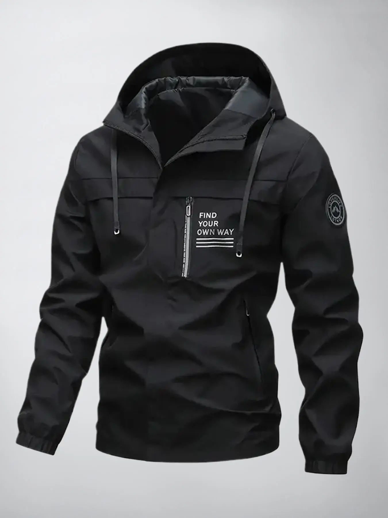 Men's Letter Print Patched Drawstring Zip Up Solid Zip Front Longsleeves Hooded Jacket, Casual Loose Waterproof Windproof Long Sleeve Outerwear for Spring & Fall, All Weather Waterproof
