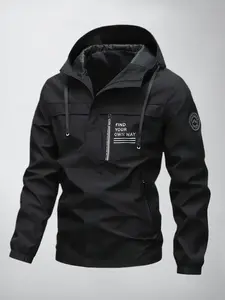 Men's Letter Print Patched Drawstring Zip Up Solid Zip Front Longsleeves Hooded Jacket, Casual Loose Waterproof Windproof Long Sleeve Outerwear for Spring & Fall, All Weather Waterproof