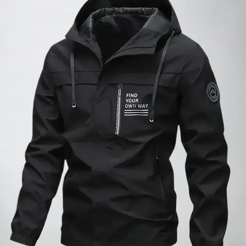 Men's Letter Print Patched Drawstring Zip Up Longsleeves Hooded Jacket, Casual Loose Waterproof Windproof Long Sleeve Outerwear for Spring & Fall, All Weather Waterproof, Casual Pocket Outerwear