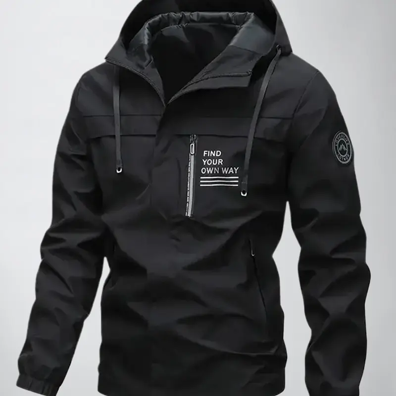Men's Letter Print Patched Drawstring Zip Up Longsleeves Hooded Jacket, Casual Loose Waterproof Windproof Long Sleeve Outerwear for Spring & Fall, All Weather Waterproof, Casual Pocket Outerwear