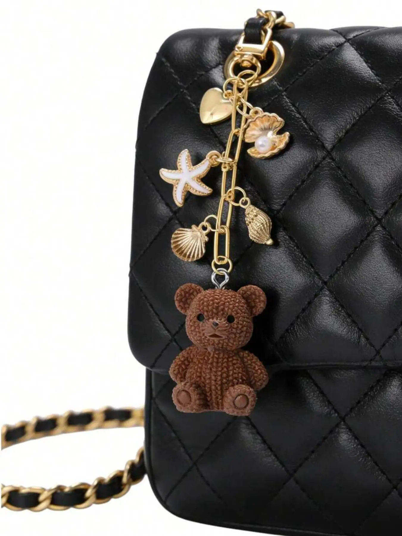 Cute coffee teddy bear and ocean pendant keychain, fashionable golden shell starfish heart-shaped pendant bag pendant, aesthetic style handbag backpack keychain accessories, wallet decoration, beach style keychain