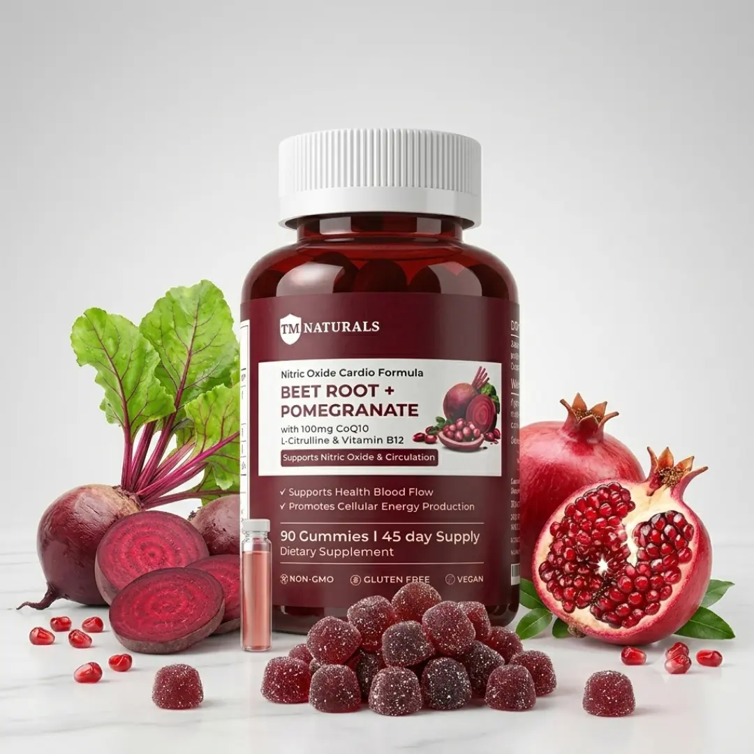 TM Naturals Beet Root Gummies with L-Citrulline, CoQ10, Pomegranate, Grape Seed Extract & Vitamin B12 | Nitric Oxide Gummies | Energy & Stamina | Vegan | 90 Gummies