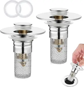 2Pcs Bathroom Sink Stopper Hair Catcher, Stainless Steel Floor Drain Filter for US Universal Replacement, Pop Up Sink Drain Filter with Basket Hair Catcher, Sink Drain Strainer 3-in-1 kitchen sink drain strainer Universal Dual Function Bathroom Stopper