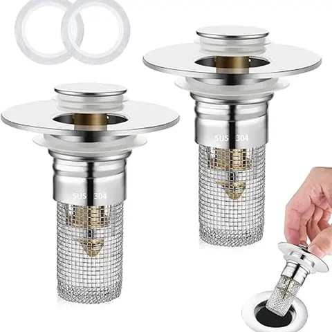 2Pcs Bathroom Sink Stopper Hair Catcher, Stainless Steel Floor Drain Filter for US Universal Replacement, Pop Up Sink Drain Filter with Basket Hair Catcher, Sink Drain Strainer 3-in-1 kitchen sink drain strainer Universal Dual Function Bathroom Stopper