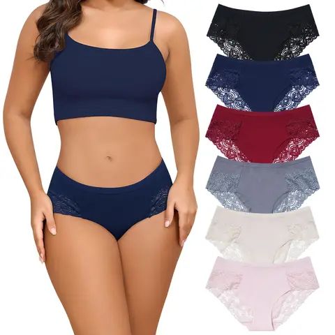 Women's Seamless Lace Basic Panties 6-Pack - Mid Waist Chic Cheeky Hipster Briefs, Soft Lightweight Cotton-Elastane Blend, Smooth No-Show Stretchy Fit for Casual Wear, Multicolor Retro S-Size Underwear