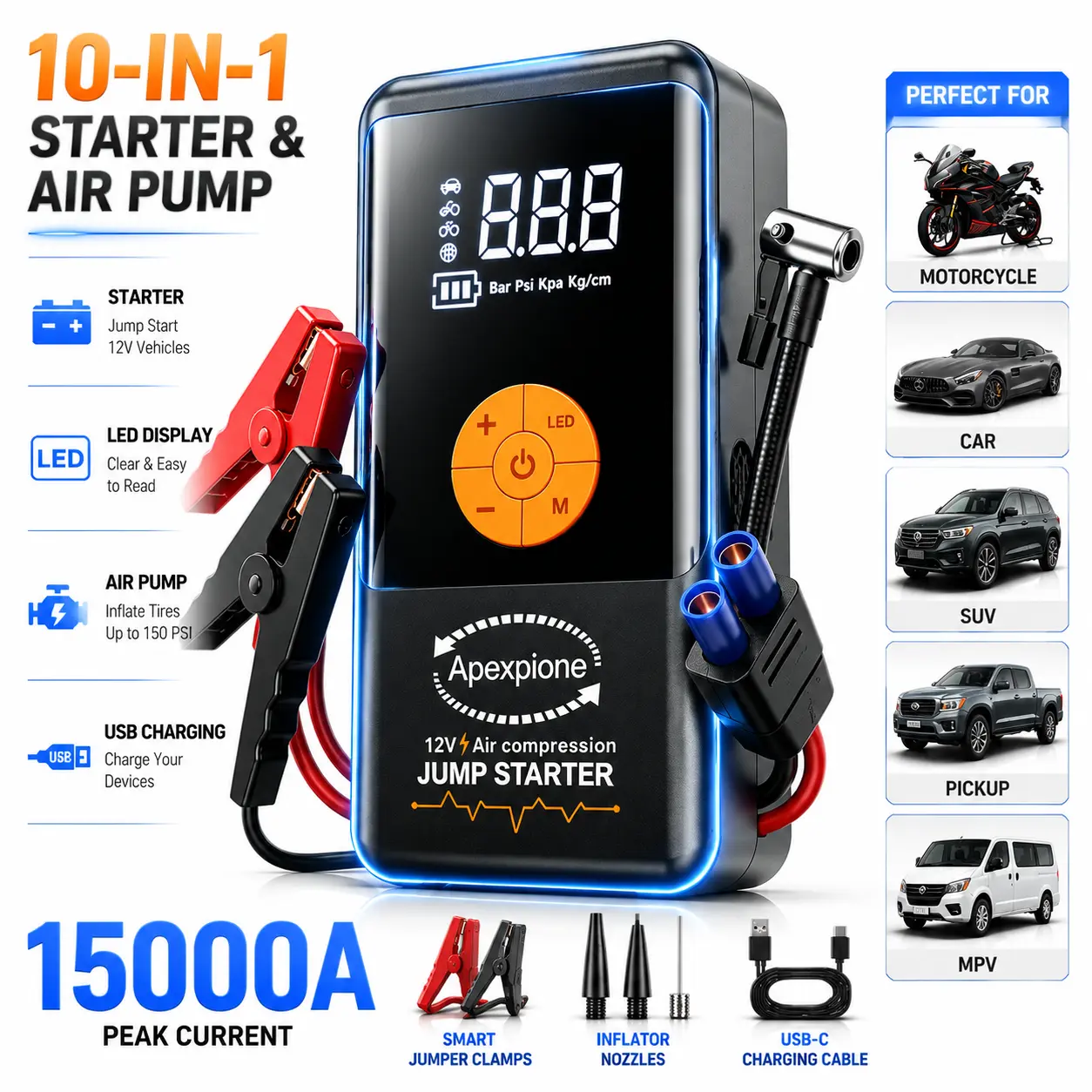 Jump Starter with Air Compressor, 15000A 160PSI Battery Jumper Starter Portable (9.0 Gas/8.0L Diesel), 12V Jump Box Car Battery Jump Starter with Smart Jumper Cables, LED Light, LCD Display