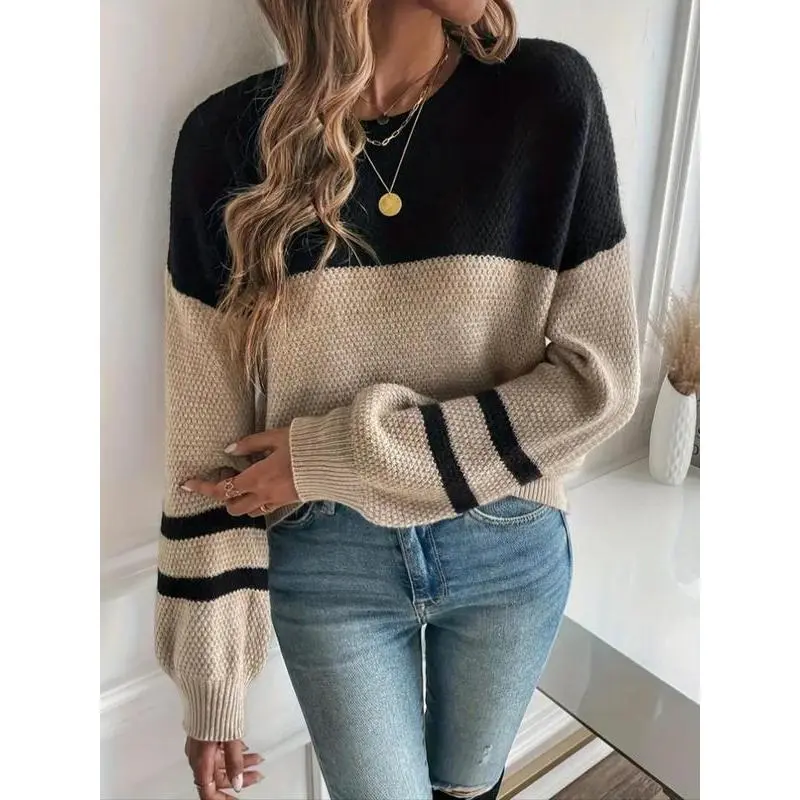 Plus Size Oversize Sweater for Women, Multicolor Patchwork Round Neck Knit Pullover with Drop Shoulders, Style, One Piece