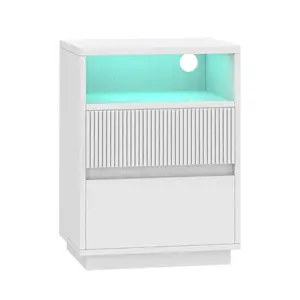 HOOBRO Nightstand with 2 Drawers, End Table with LED Light Strip, Bedside Table with Fluted Drawer, Side Table, for Bedroom, Black #SummerVibes