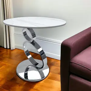 HomeRoots 554650 21 in. White & Silver Marble-Effect Stone & Stainless Steel Circular Pedestal End Table, Circular End Tables, Marble-Effect End Tables