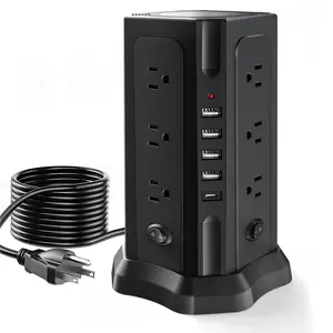 Tower Power Strip Multi Electrical Socket 12AC Outlets 5USB Ports Charging 7.9in Extension Cord Surge Protection For Home Office Rubber Durable Electronic Tablet