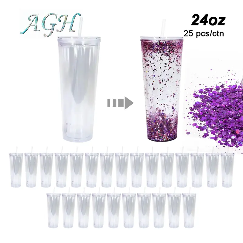 AGH 8/25pcs 24oz Acrylic Snow Globe Tumbler Sublimation Double Walled Plastic Cups with Lid Drink Cup Drinkware Wholesale Water Bottled Reusable