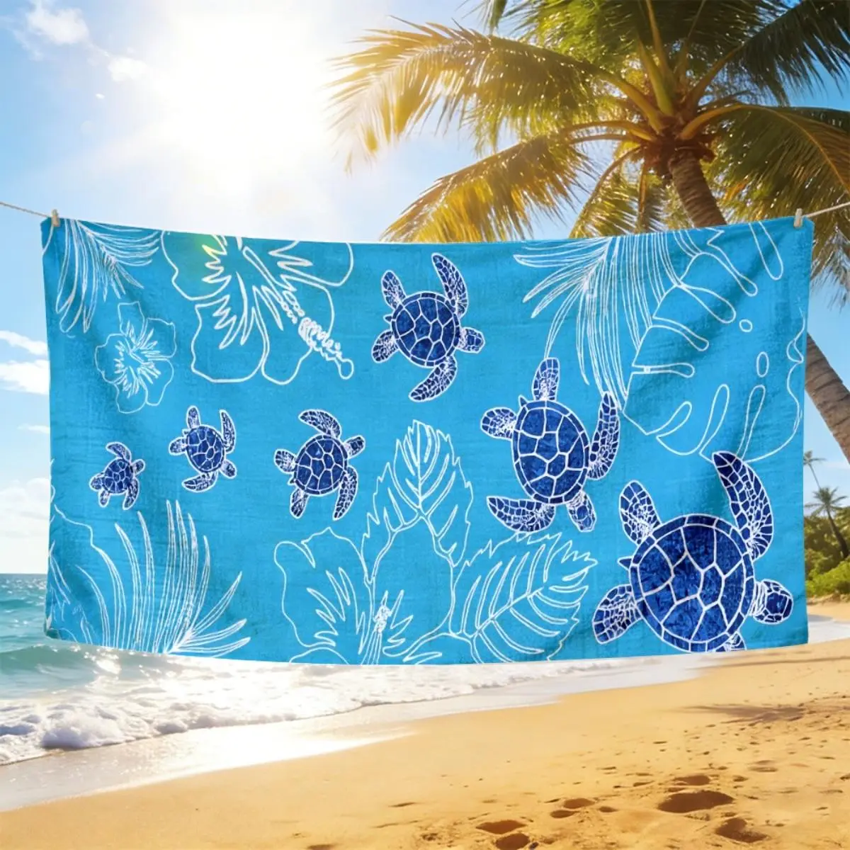 Blue Turtle Tropical Plant Print Quick-Dry Beach Towel, Non-Shedding Waterproof Bath Sheet, Portable Vacation Towel for Swimming