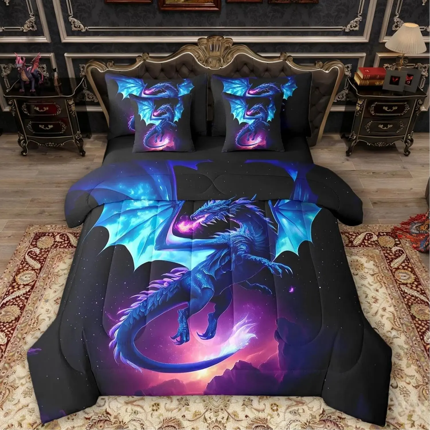Blue Dragon - 7 Pieces Bed in a Bag Set Flying Dragon Bed in Set for Boys Girls Magical Dragon Bedding Sets with Comforter,Flat Sheet,Fitted Sheet,Pillowcases,Pillow Covers