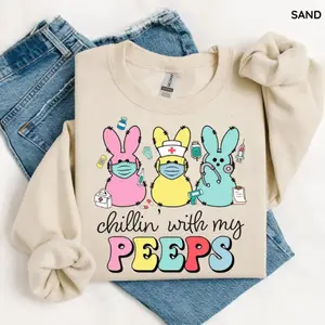 Funny Nurse Easter Sweatshirt – Chillin With My Peeps Bunny Graphic Crewneck, Cute Medical Holiday Pullover