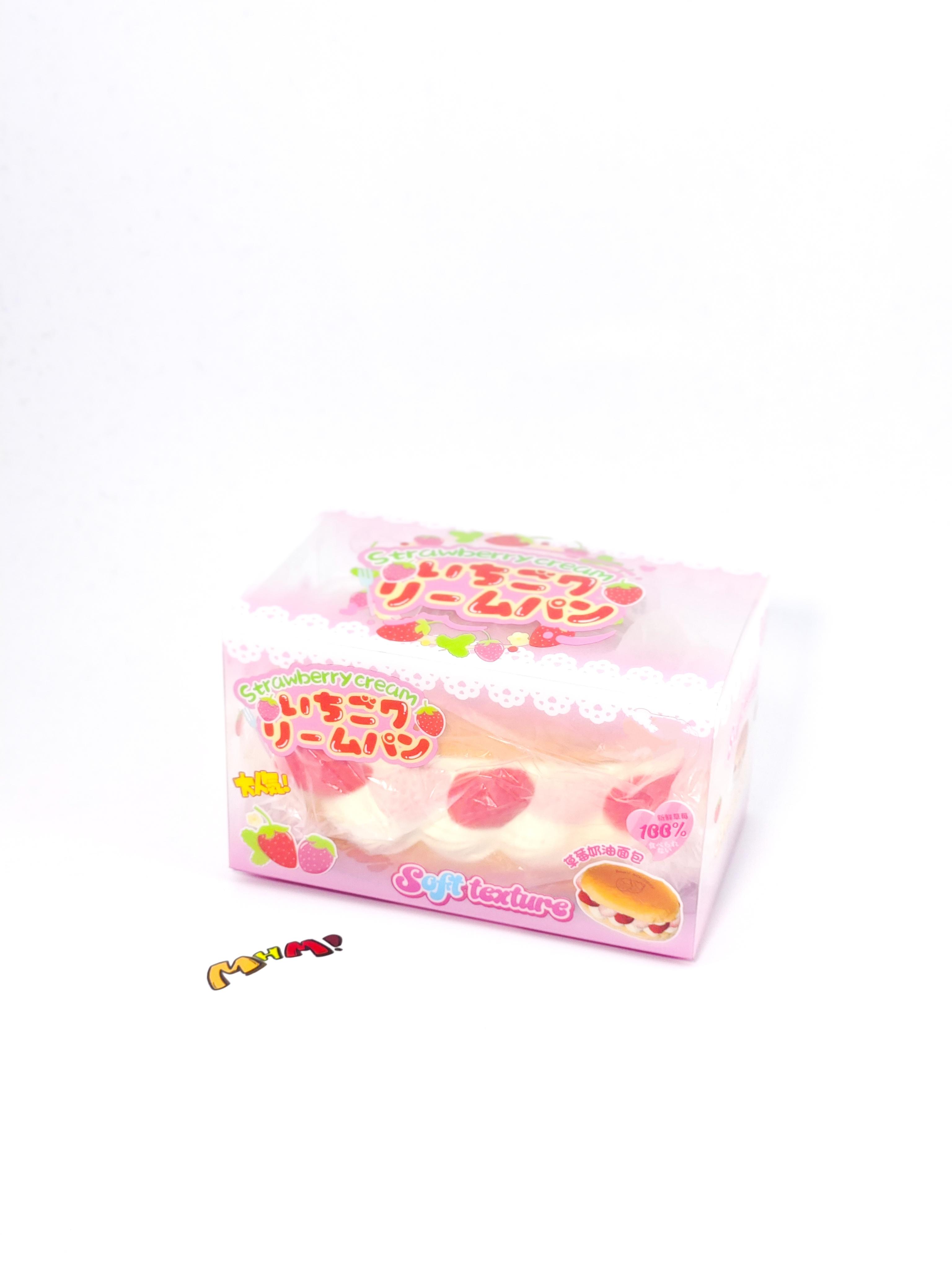 MHM Squishy Pink Strawberry White Cream Bread scented stress relief toy features a sticky, wet-soft, slow-bounce pastry texture for tactile fun
