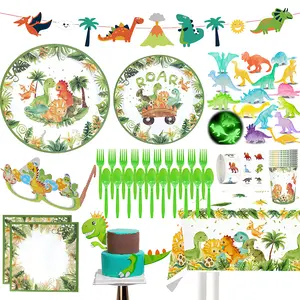 106pcs Watercolor Dinosaur Theme Party Supplies Kit (10 Guests), Cute Little One Roar Disposable Tableware Set Single-Use Tableware |   Supplies for Birthday And Baptism Celebrations
