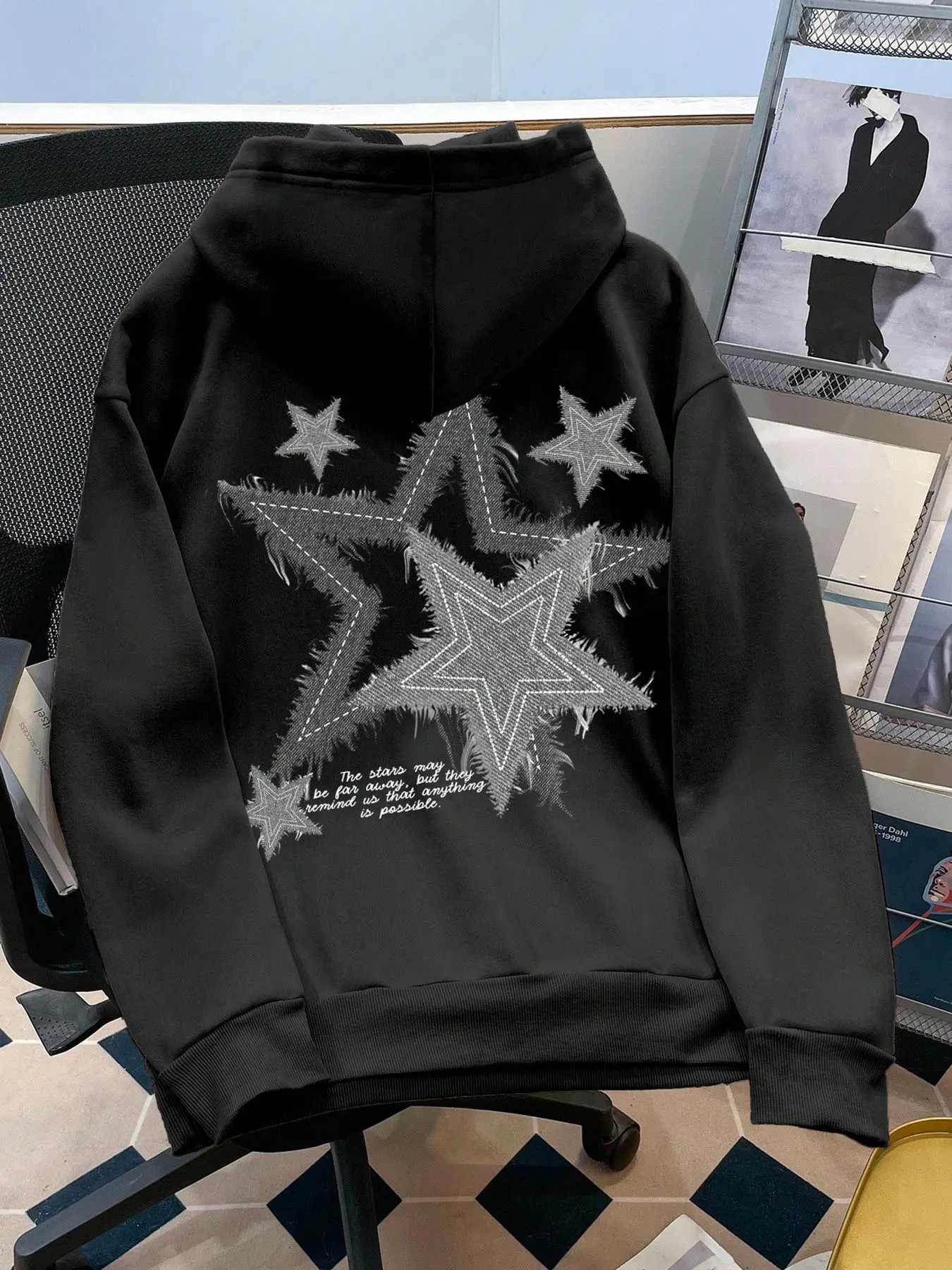Unisex Knit Hoodie with Pentagram Letter Print, Long Sleeve Fashion Streetwear Hip Hop Casual Wear, Fall & Winter Fitted Design