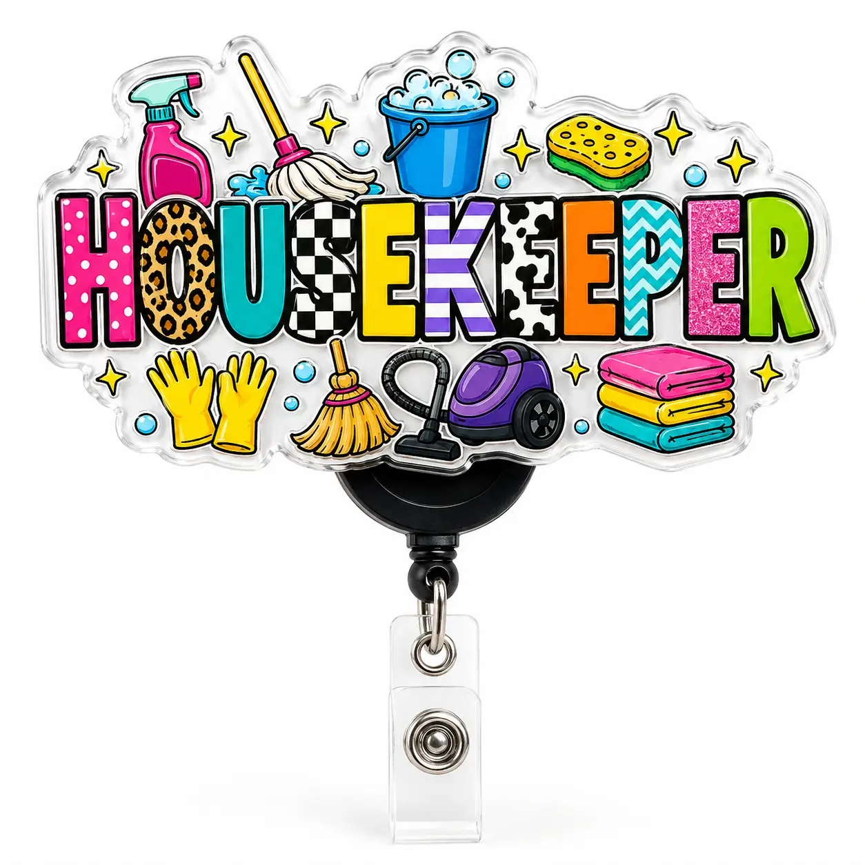 Badge Reel Housekeeper Colorful Acrylic Retractable ID Holder for Cleaning Professionals Hotel Housekeeping Staff Cleaners and Janitorial Workers 2 Inch