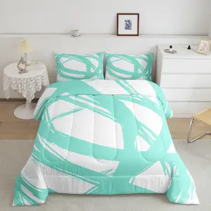 Turquoise and White Abstarct Comforter Set for Kids Boys Girs,Graffiti Stripes Lines Bedding Set,Aesthetic Geometric Duvet Insert for Minimalists,Contemporary Boho Modern Art Quilt