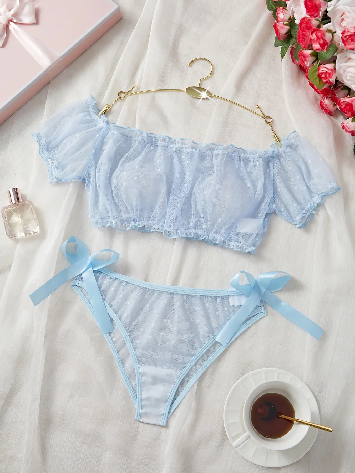 Women's Two-Piece Comfortable Cute Multicolor Lingerie Set, Wireless Sexy Mesh Polka Dot Lace Patchwork One Shoulder Design, All Seasons Wear Underwear Sets