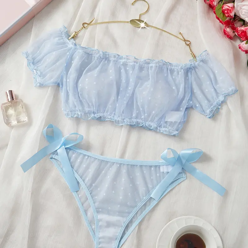 Women's Two-Piece Comfortable Cute Multicolor Lingerie Set, Wireless Sexy Mesh Polka Dot Lace Patchwork One Shoulder Design, All Seasons Wear Underwear Sets
