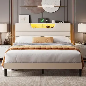 Furologee Queen Size Bed Frames with Upholstered Headboard Modern Platform Bed with Charging Station and LED Lights Bed Frame with Sturdy Wooden Slats No Box Spring Needed 2 Tier Storage Beige