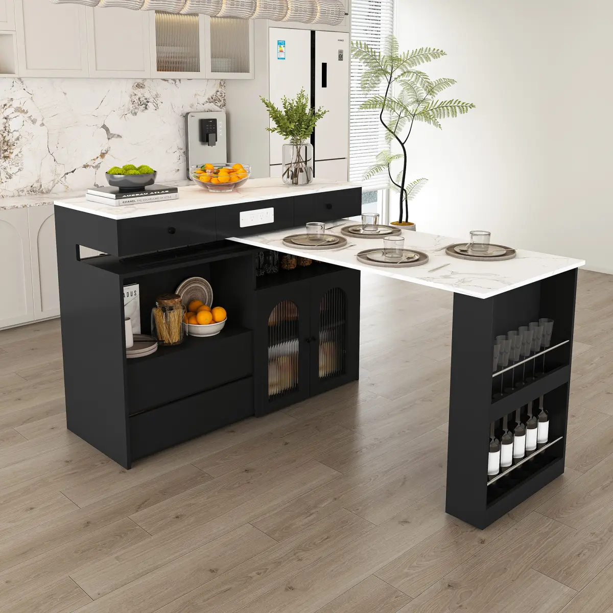 360-Degree Rotatable Marble Veneer Expandable Kitchen Island - Multi-Functional Floor Cabinet with Built-In Socket, 4 Drawers, Glass Door, Retro MDF Storage, Space-Saving Extendable Dining Table for 2-4 People, Multi-Functional Floor Cabinets