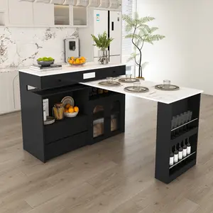 360° Rotatable Extendable Marble Veneer Kitchen Island, Retro MDF Storage Cabinet with Built-in Socket, 4 Drawers & Glass Door Design, Space Saving Expandable Dining Table Fits 2-4 People Home Kitchen Furniture