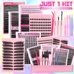 Lash Clusters Kit DIY Eyelash Extensions Lash Extension Wispy Eyelash Clusters with Lash Bond&Seal, Eyelash Glue, Gift Packs for Beginners Fluffy Lashes Cluster D Curl Volume False Eyelashes Individual Cluster Lash