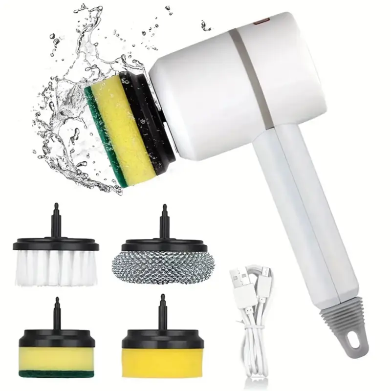 Electric Dish Scrubber with 4 Interchangeable Brushes and USB Charging Cable for Efficient Cleaning