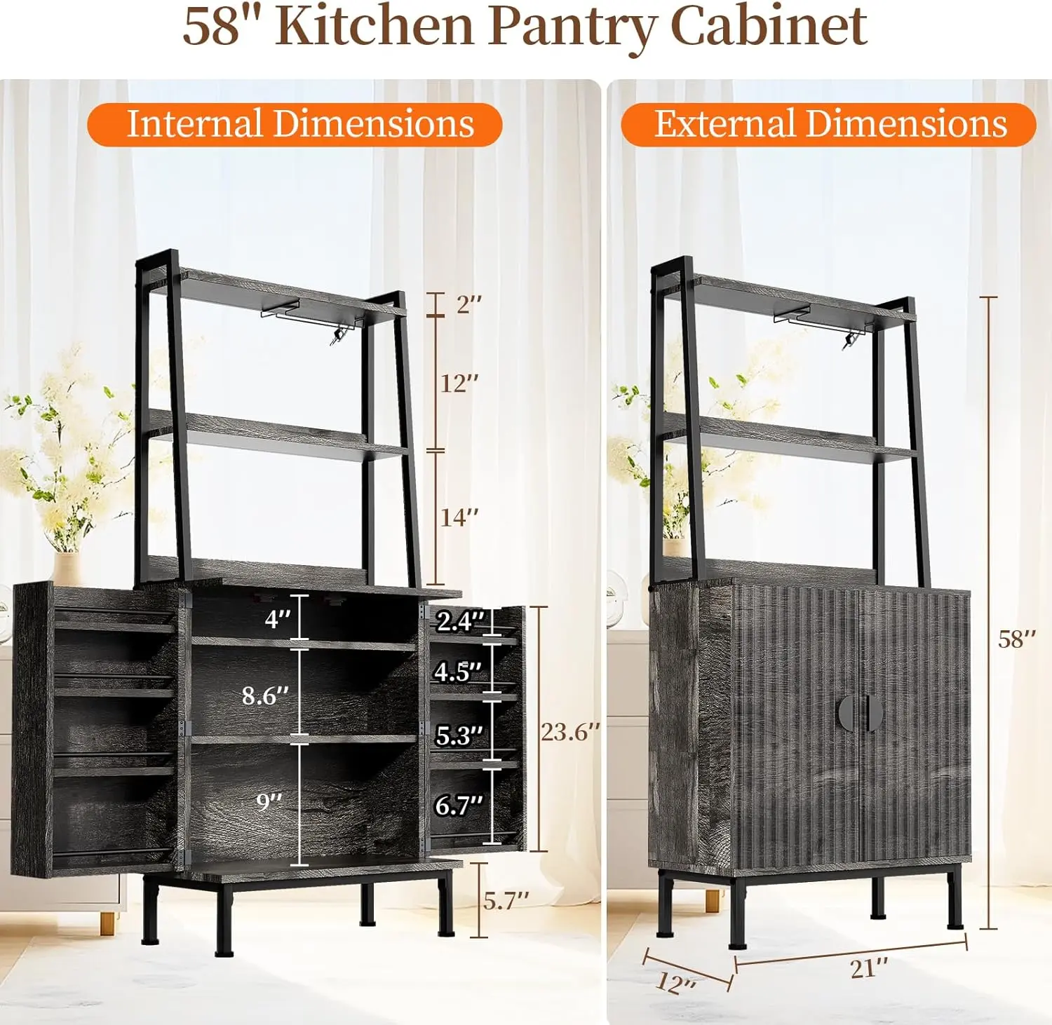 58” Freestanding Pantry Cabinet with Microwave Shelves and Adjustable Shelves, Dark Gray Oak Floor Cabinet for Kitchen, Dining Room Use, Multi-Use Buffet Cupboard