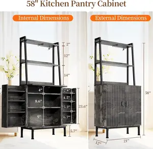58” Pantry Cabinets with Microwave Shelves, Freestanding Kitchen Storage Cabinet with Adjustable Shelves, Buffet Cupboards for Kitchen, Dining Room, Living Room Use, Dark Gray Oak