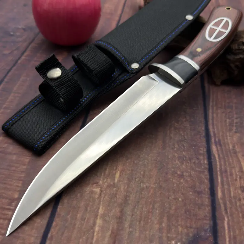 Portable Straight-Edge Knife - Solid Wood Handle with Anti-Slip Texture, Blue Thread Trimming on the Edge, Stainless Steel Unisex Survival Supplies for Outdoors Camping, Camp Kitchen Practical Tool