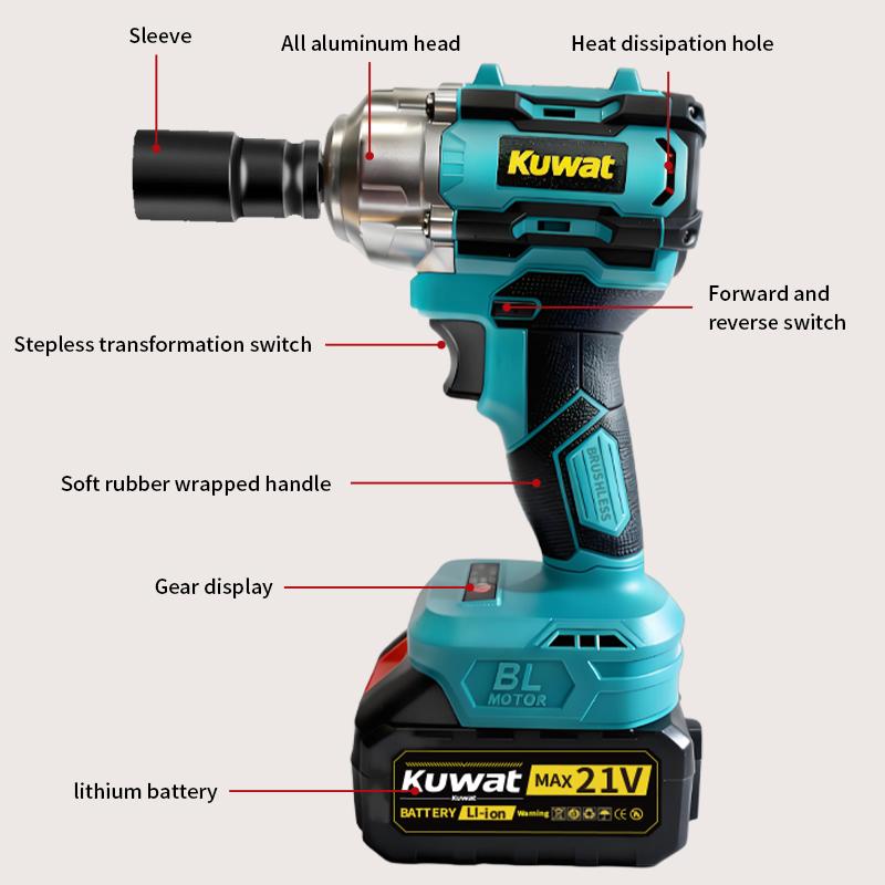 Kuwat MAX 21V Cordless Impact Wrench Wireless Drill Kit with 4000mAh Lithium-ion Battery, Brushless Electric Impact Gun, Ergonomic Handle, 4 Speed Levels, and Complete Accessories for Men's Gifts Yard Work Lawn Care