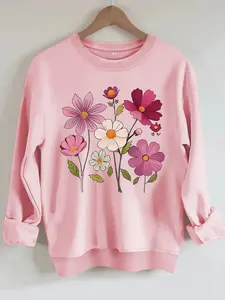 Women's Casual Floral Pattern Pullover Sweatshirt, Fitted Soft Long Sleeve Round Neck, All-Season Comfort, Durable Fabric, Womenswear