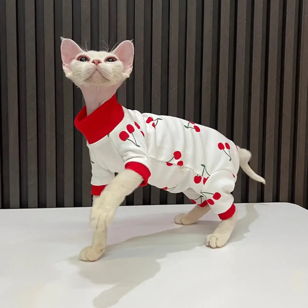 Sphynx Cat All-Seasons 1-Piece Jumpsuit - Cherry Print Cotton Pet Outfit for Sensitive Skin, Extra Small/XS Fit Hairless Cats, Full Body Coverage, Easy On & Off, Machine Washable