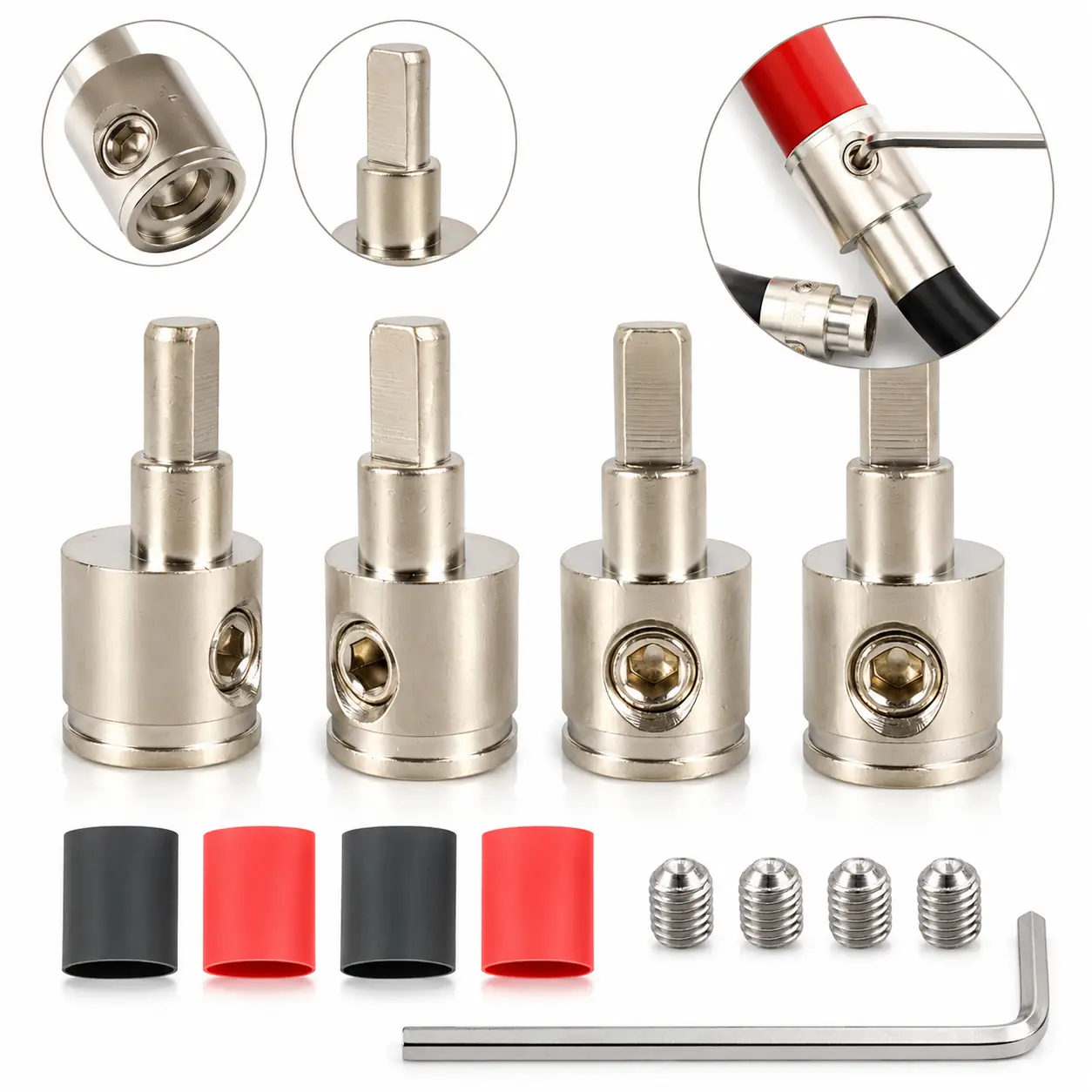 4PCS 0 Gauge to 4 Gauge Amp Input Reducer Adapter, Nickel Plated Brass Car Audio Power & Ground Wire Terminal Connector with Heat Shrink Tubing, Hex Wrench for Amplifier Installation