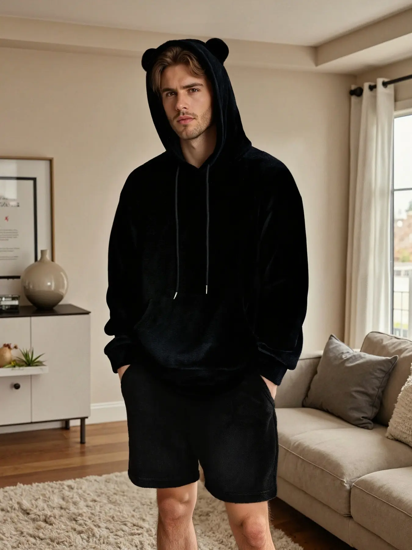 fall outfits Autumn and winter men's plush hooded bear-ear sweatshirt and shorts set, loose fit, suitable for all body types. The fabric is soft and comfortable, presenting a fashionable, homey and laid-back style