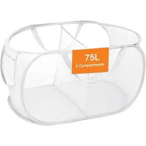 Durable Collapsible Foldable Mesh Pop Up Laundry Basket, 2 Compartments Easy to Carry & Sort Clothes Hampers for Home, Dorm, Travel White